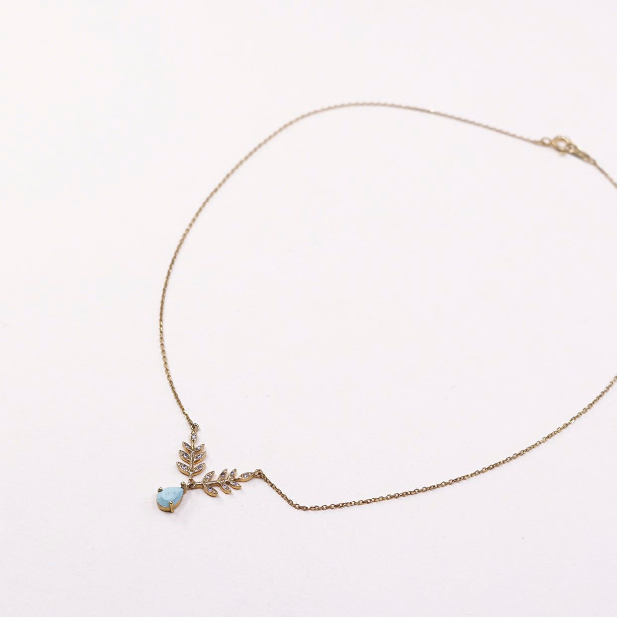 16", gold sterling 925 silver necklace chain w/ leaves pendant N turquoise