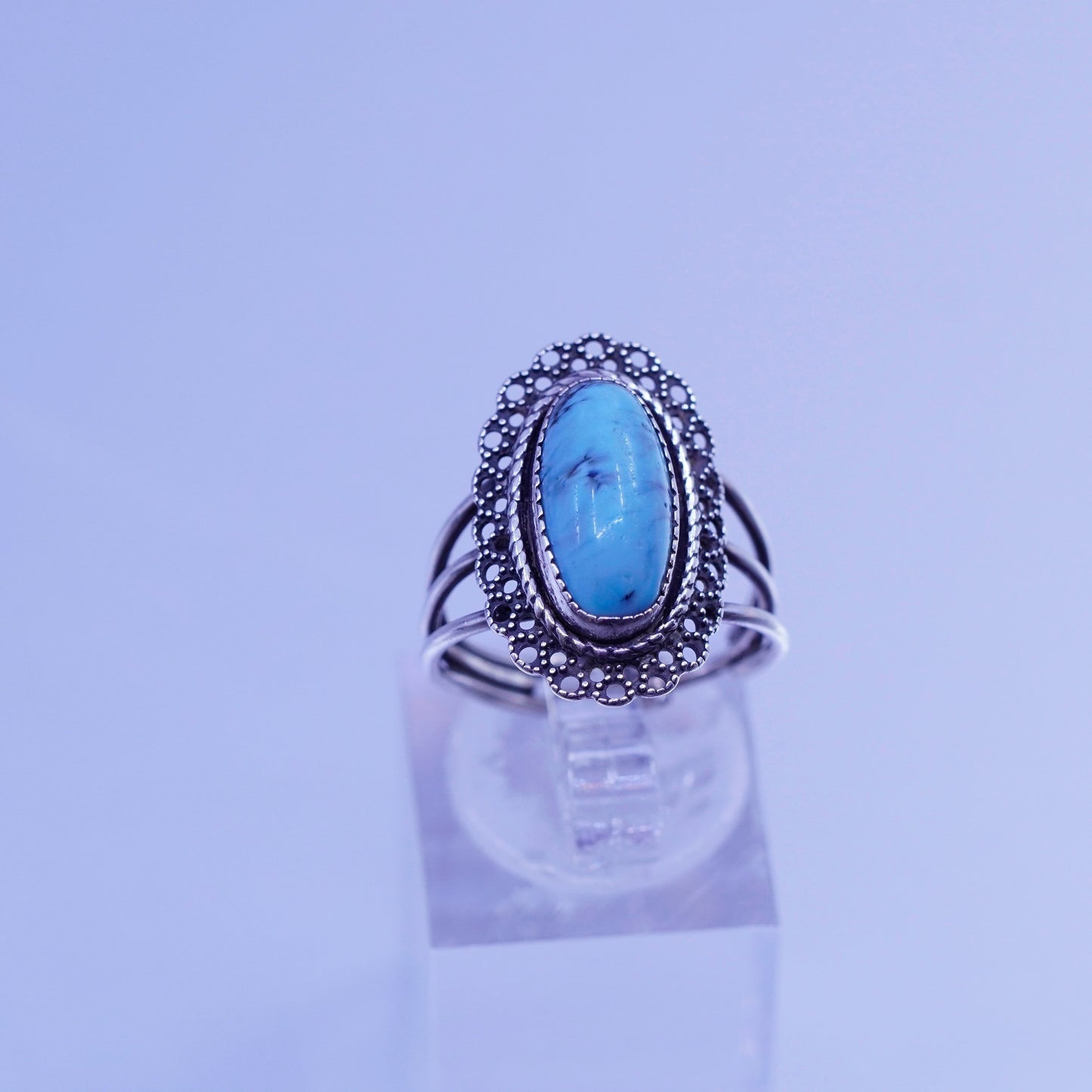 Size adjustable, Beau Sterling 925 silver handmade filigree ring with turquoise