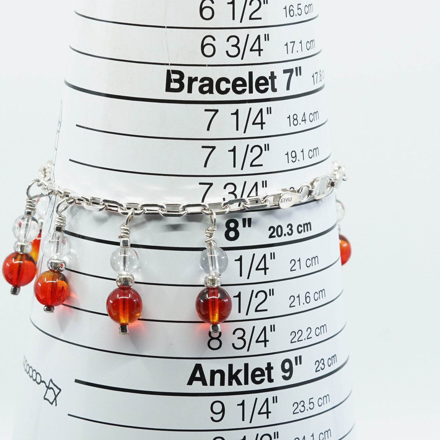 8" 3mm, Sterling silver handmade bracelet, 925 elongated chain w/ crystal charm