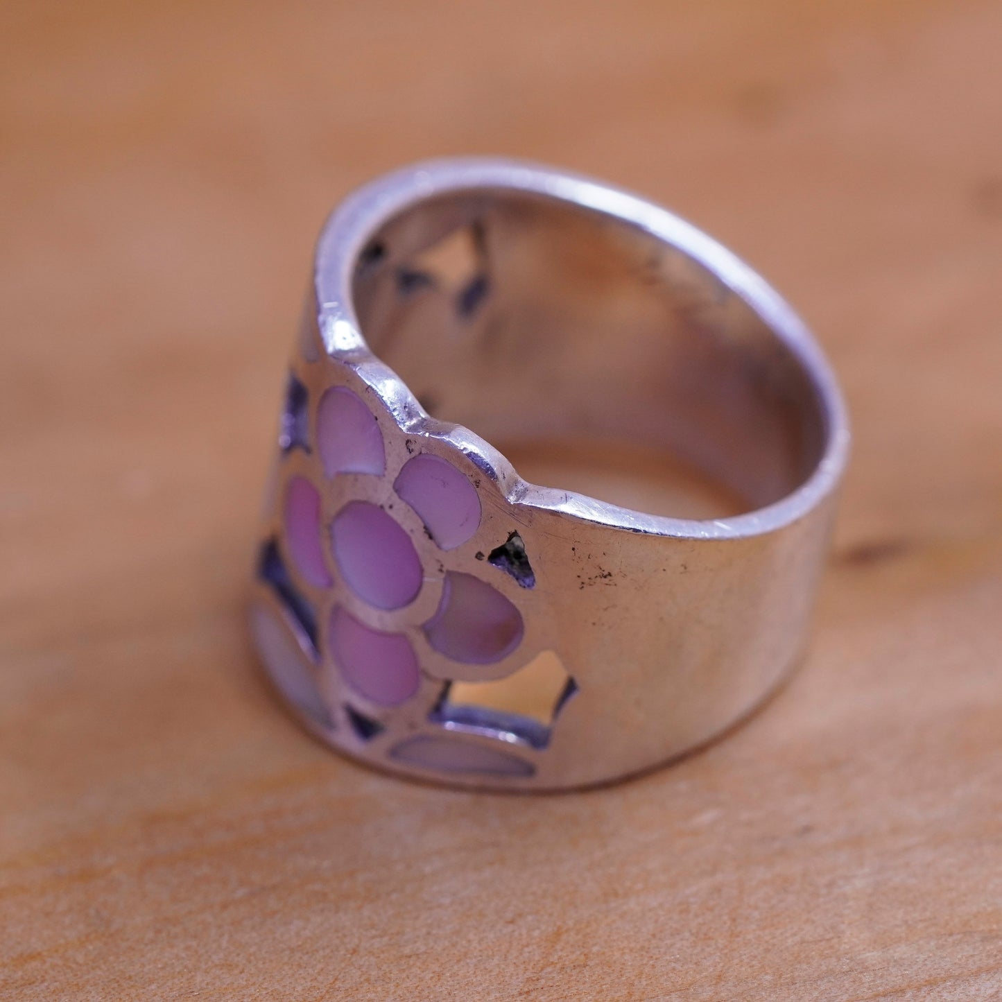 Size 6.5, Vintage Sterling silver handmade ring, 925 band with pink flower
