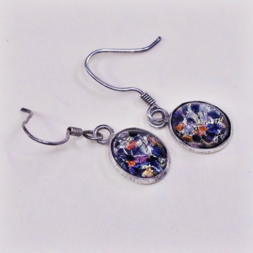 Vintage simple handmade Sterling 925 Silver Earrings w/ Green Foiled Glass Inlay