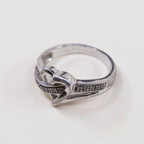 Sz 7, Vtg Sterling Fashion Engagement Ring, 925 Heart W/ Diamond, Stamped 925