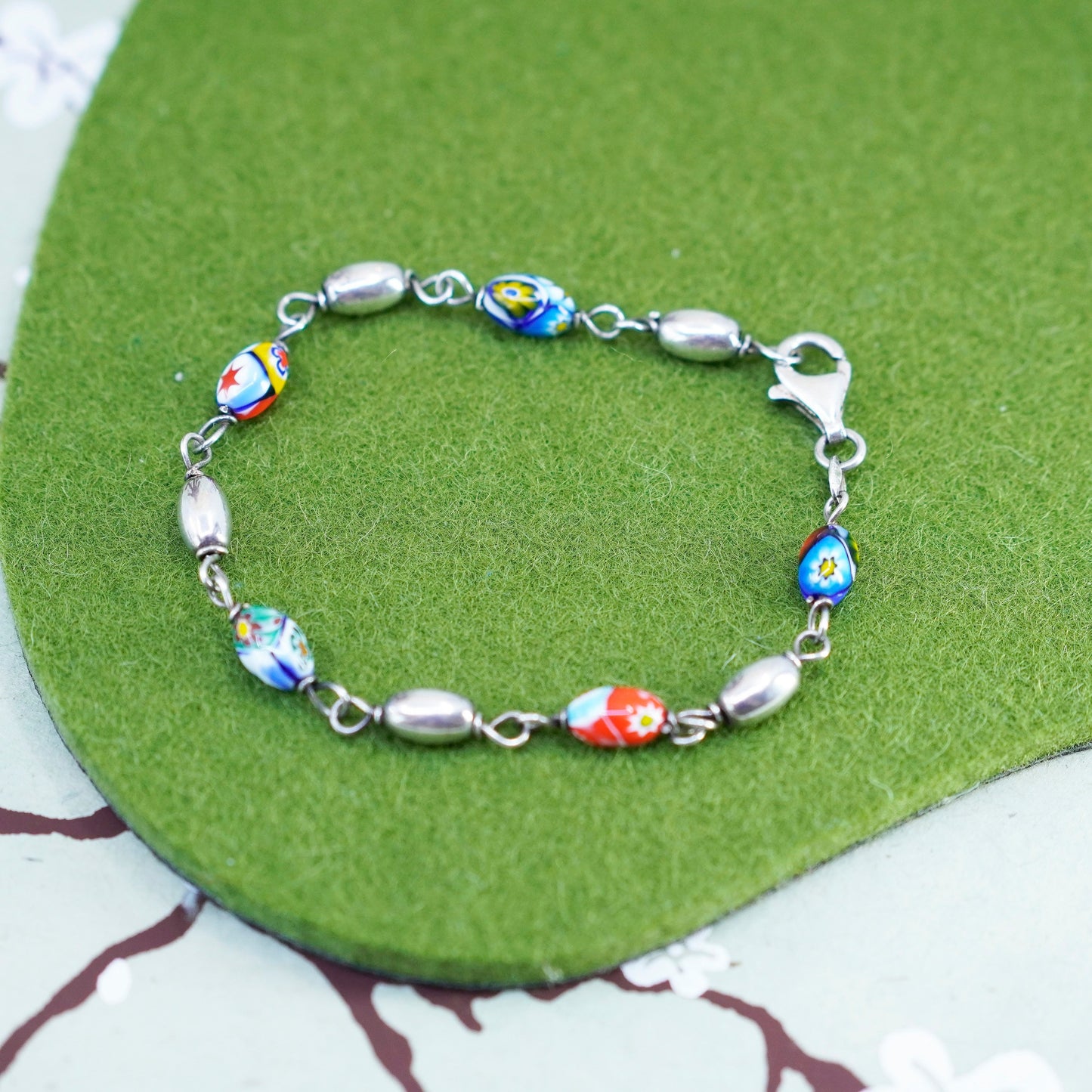 6.75”, Italy 925 Sterling 925 silver bracelet with artisan Murano glass beads
