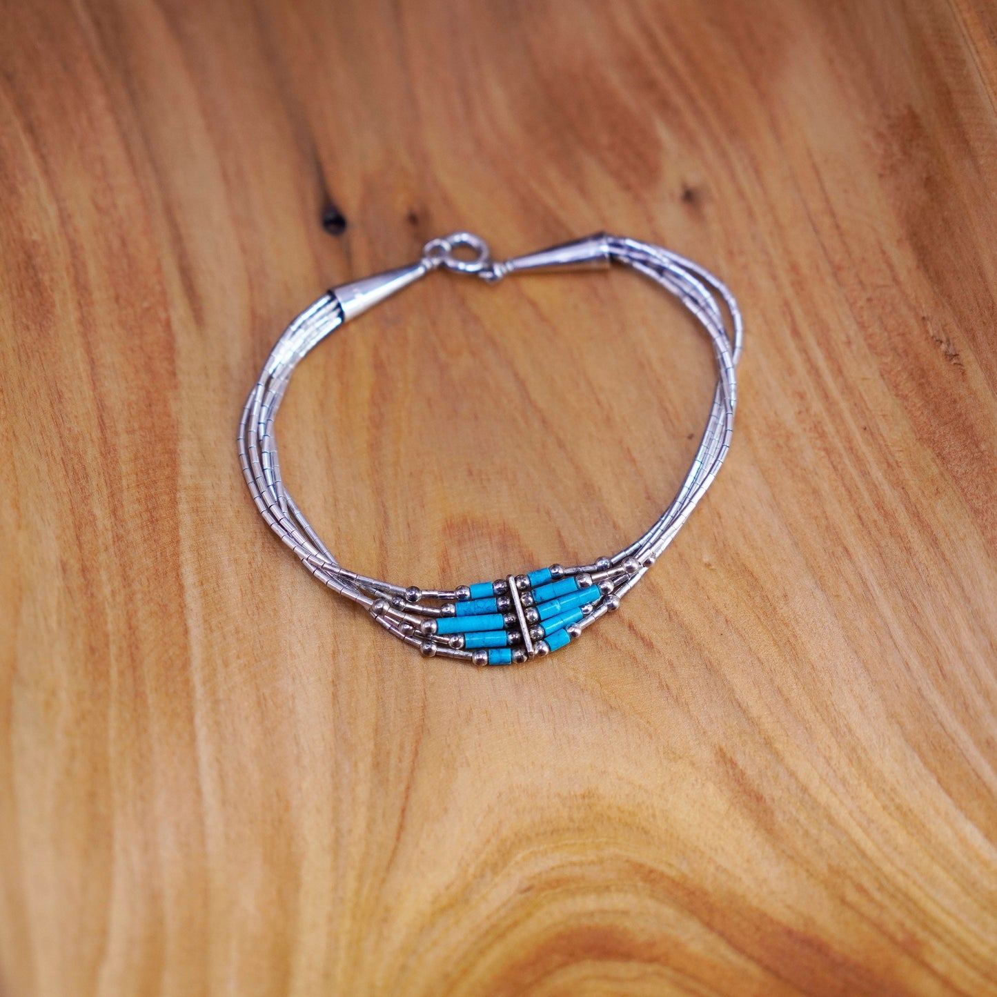 7”, 925 handmade bracelet, 5 multi strands liquid Silver chain with turquoise