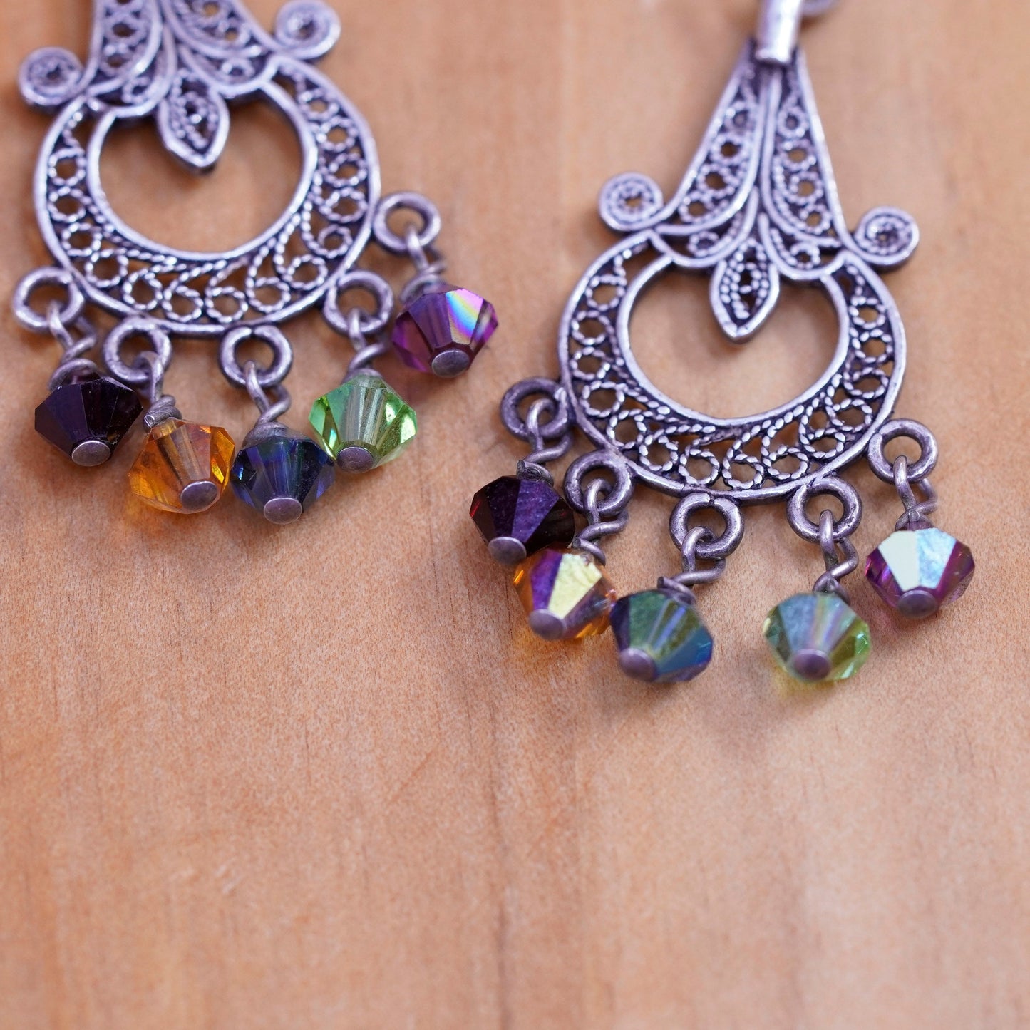 Vintage sterling silver handmade earrings, 925 teardrops filigree w/ gemstones