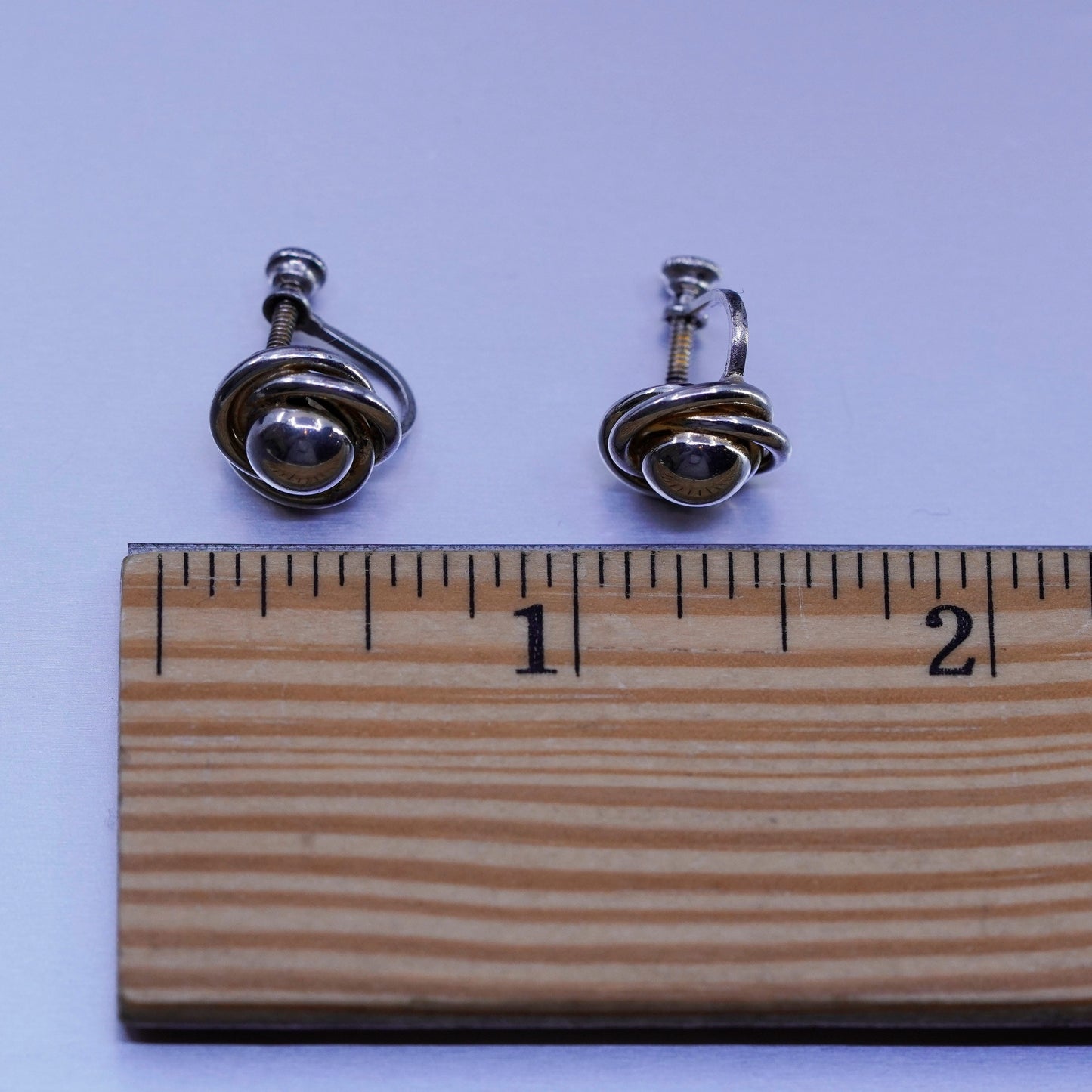 modern Sterling 925 silver handmade earrings, screw back bead with entwined