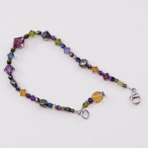 7.5”, Vtg Sterling 925 Silver Handmade Bracelet, Crystal N Tahitian Pearl beads
