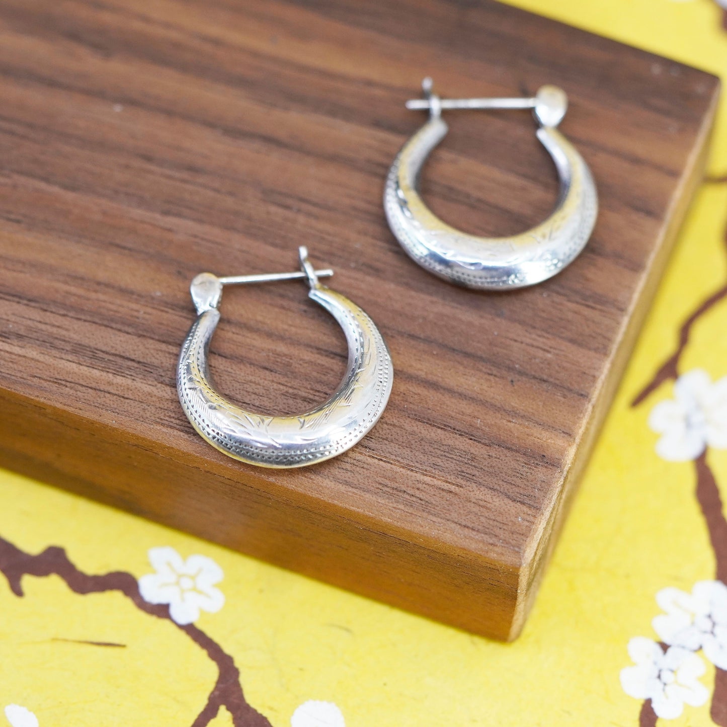 1”, Vintage Sterling silver handmade earrings, 925 textured hoops