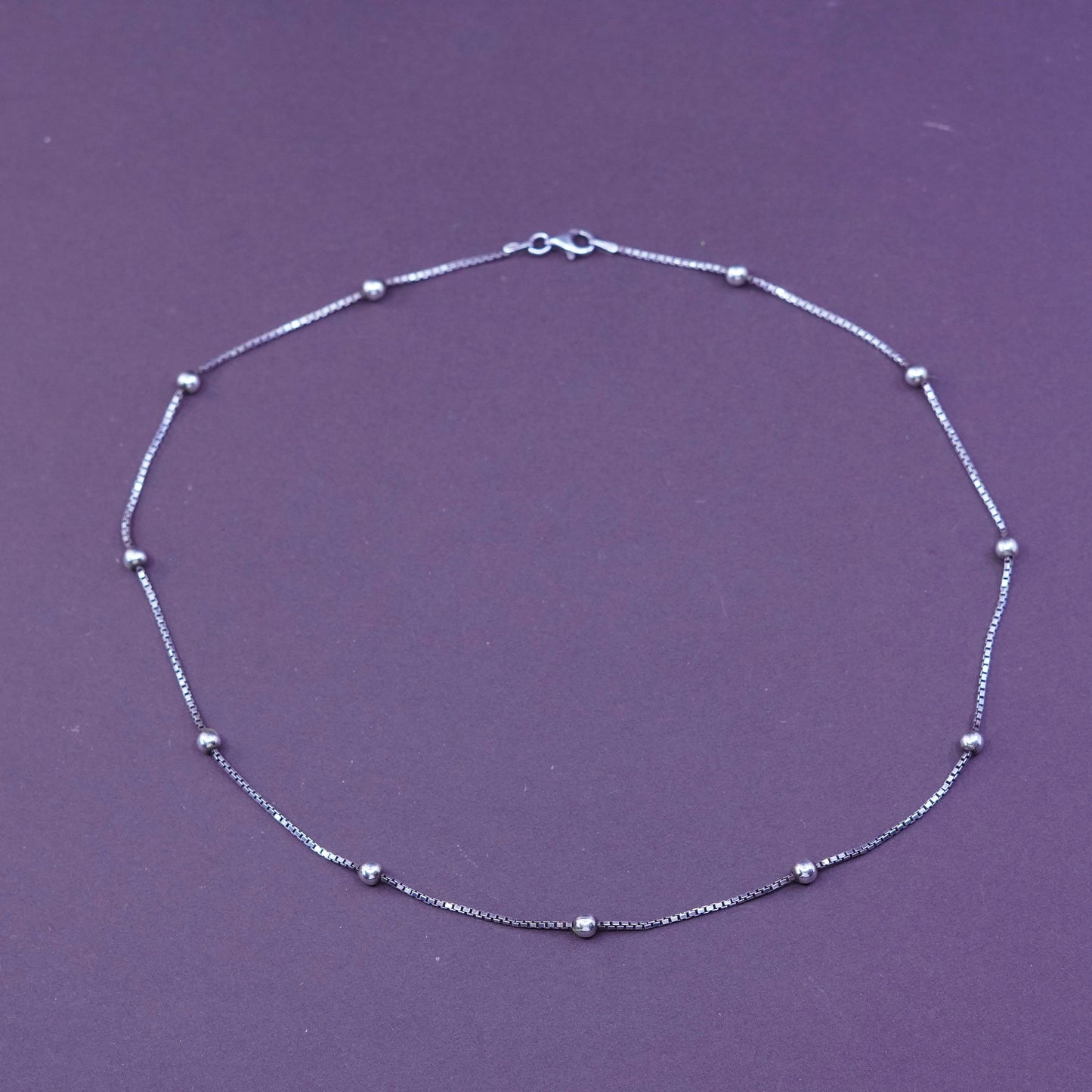 18”, 1.6mm, vintage Sterling silver beads necklace, Italy 925 box chain bead