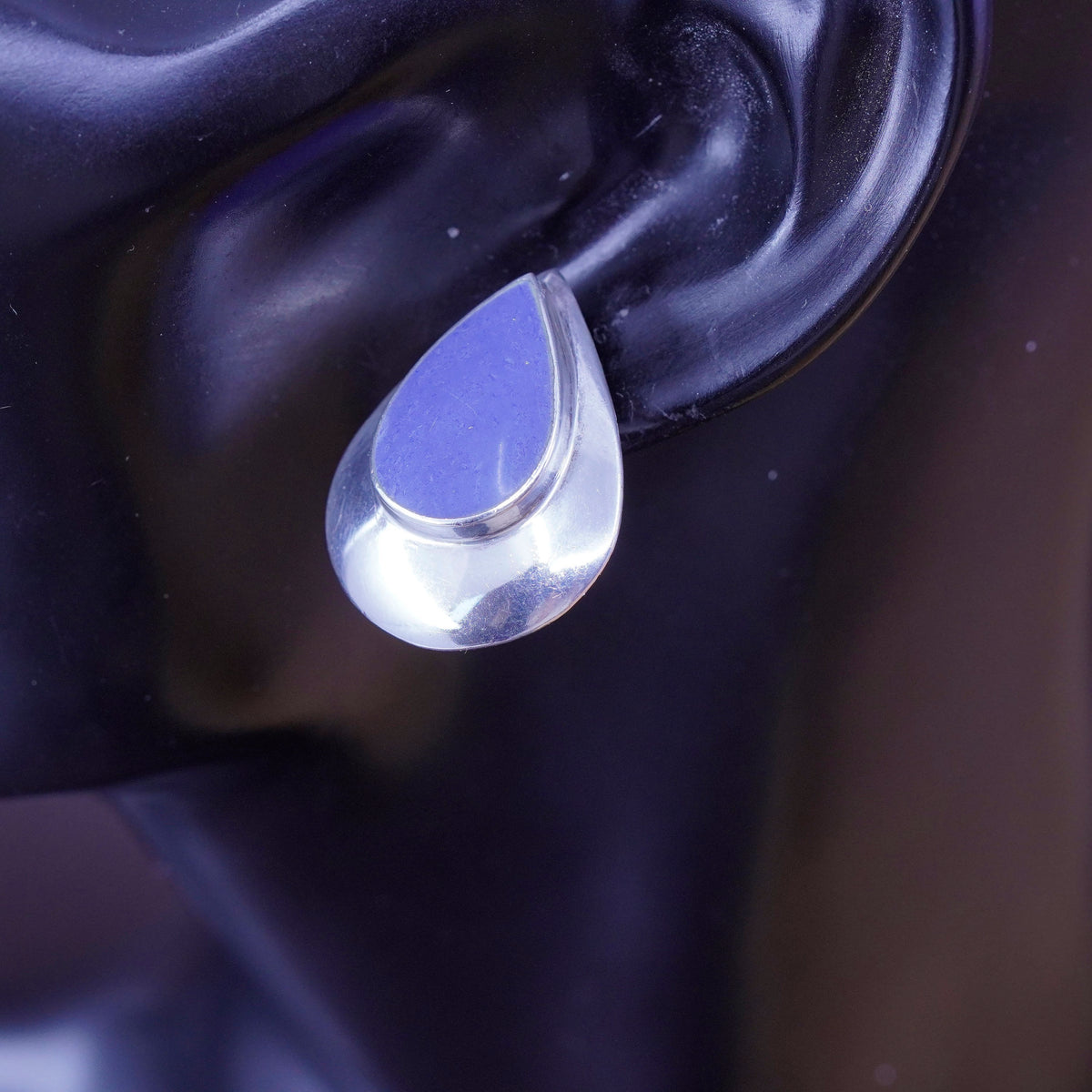 Sterling silver handmade earrings, Mexico 925 teardrop studs with lapis lazuli