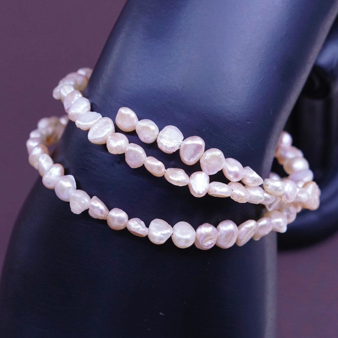 6" Vintage handmade pink pearl beads wrap around bangle bracelet