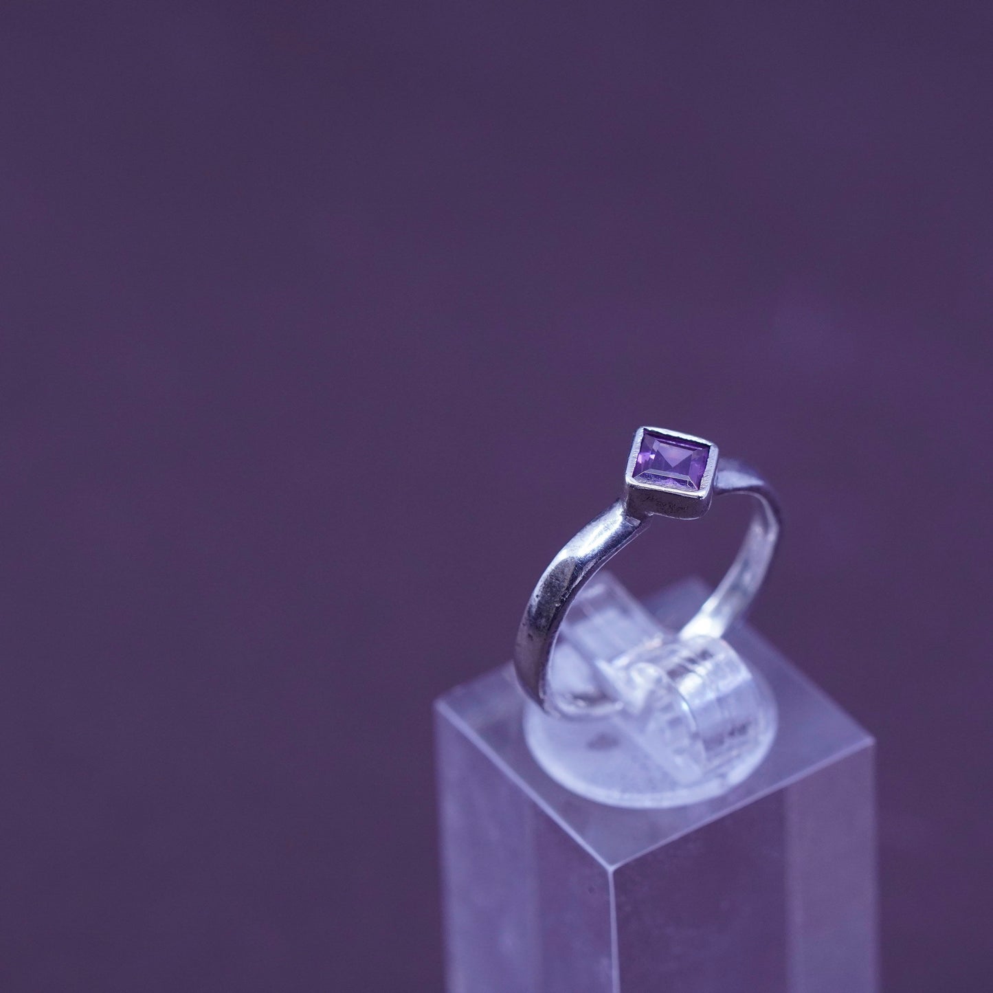 Size 7, Sterling 925 silver handmade stackable band ring with square amethyst