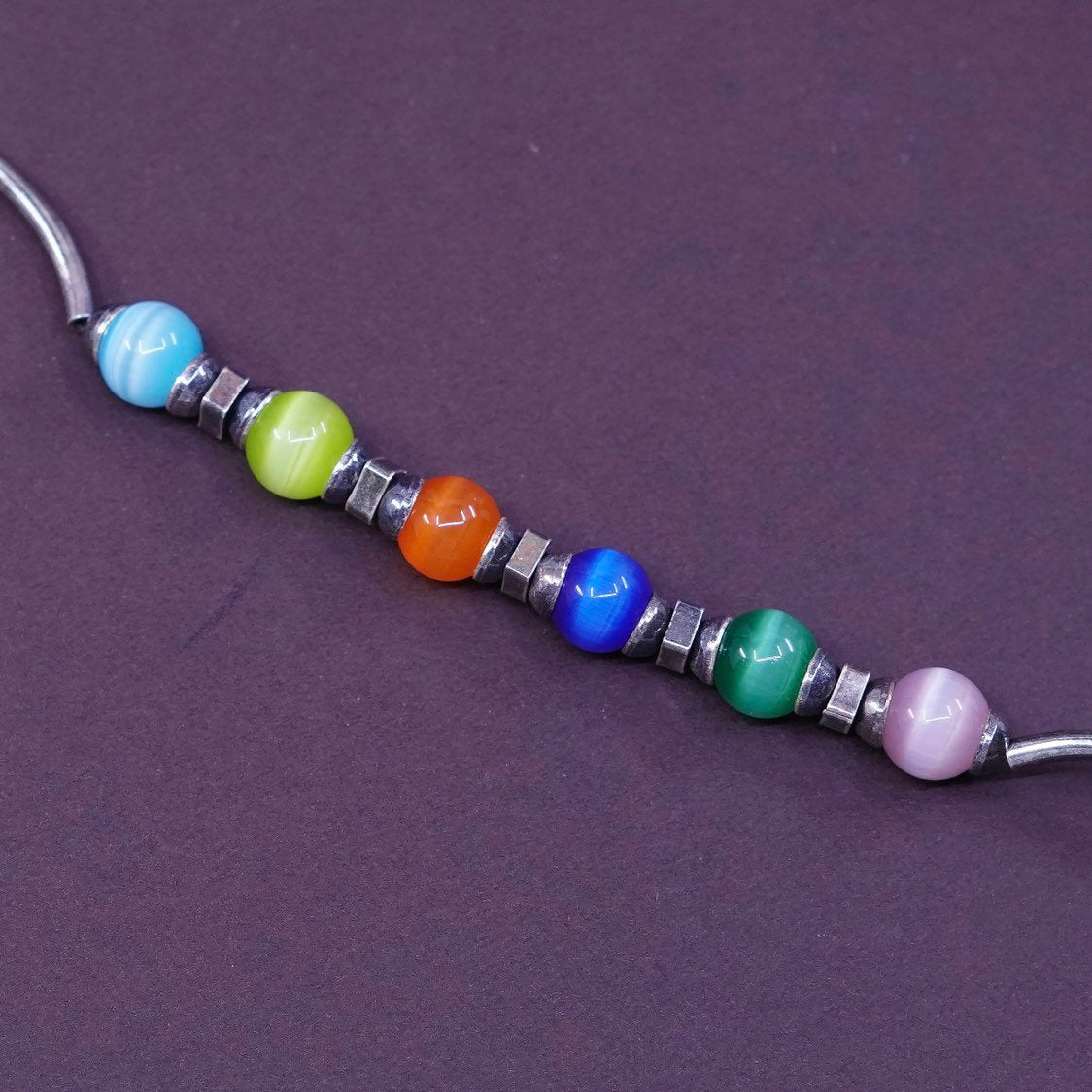6.5”, Sterling silver handmade bracelet, 925 bangle w/ rainbow tiger eye beads