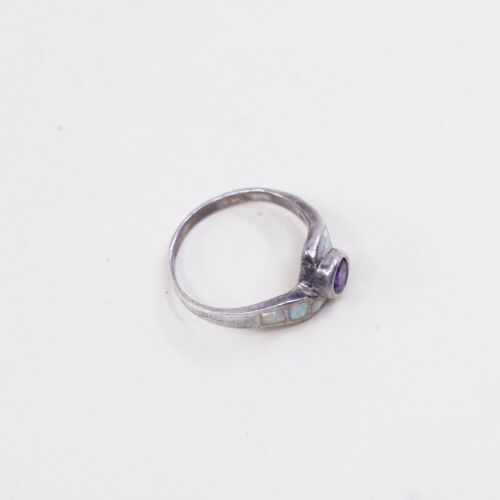 Sz 8.75, Vtg Sterling Silver Ring, 925 Silver Band W/ opal n amethyst