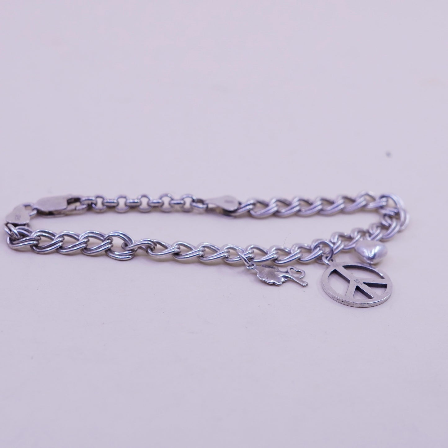 7+1”, sterling 925 silver double curb bracelet CND peace heart flower charms