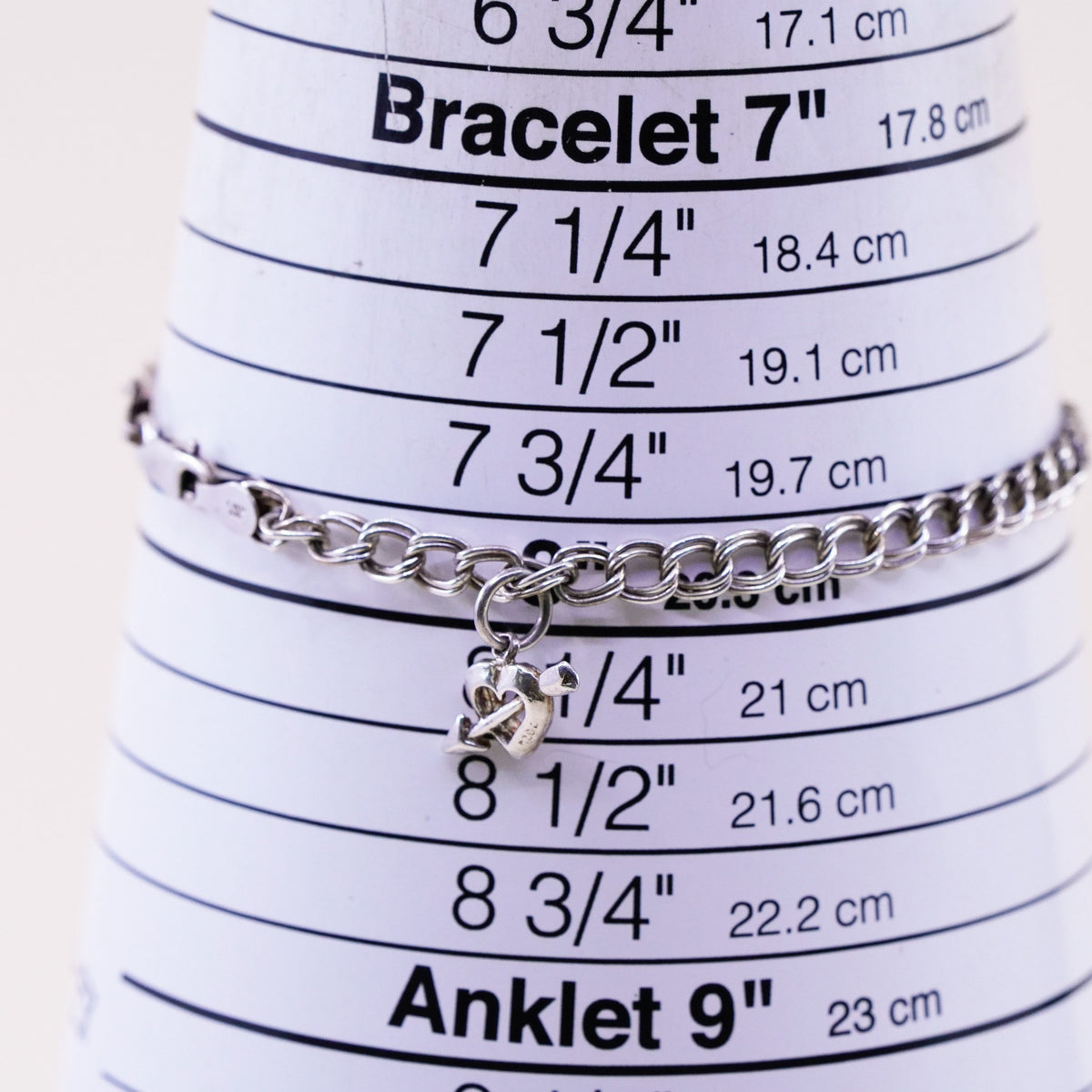 8”, Vintage sterling 925 silver double curb bracelet with arrow heart charm