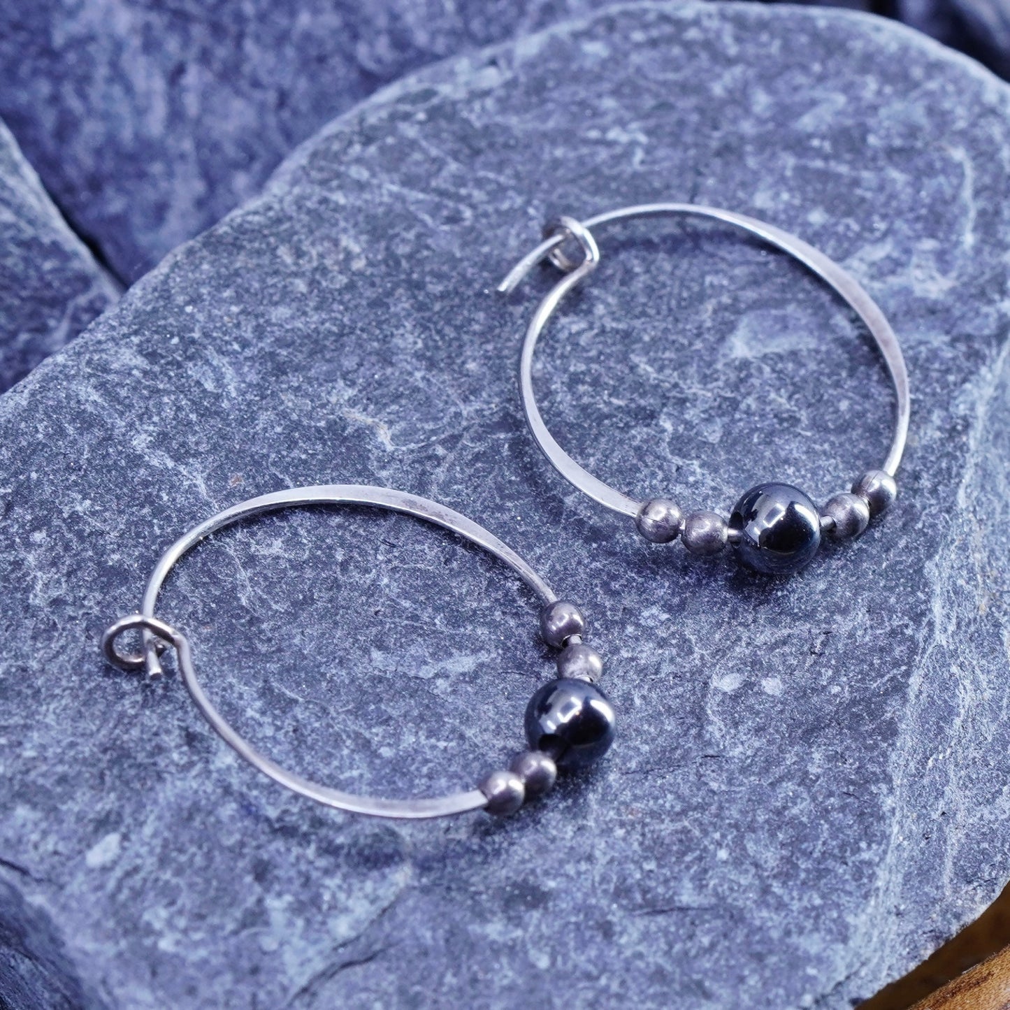0.75”, Sterling silver handmade earrings, 925 huggie hoops with hematite beads