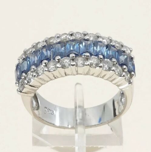 Sz 8, Vtg Sterling silver ring, 925 silver statement band w/ Blue N Clear Cz