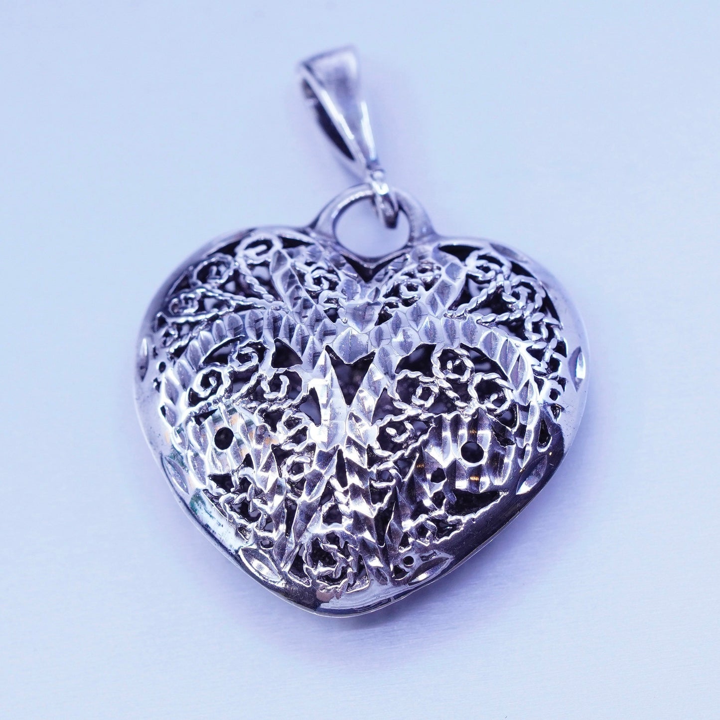 Antique Sterling silver charm, 925 puffy filigree heart pendant