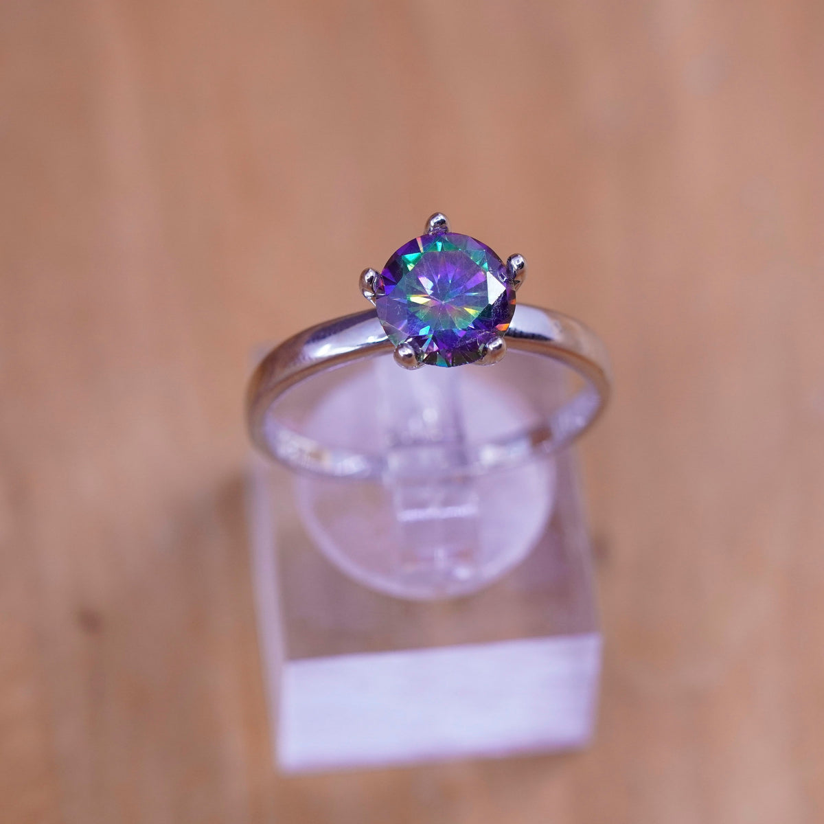 Size 9, vintage Sterling 925 silver engagement ring with rainbow topaz