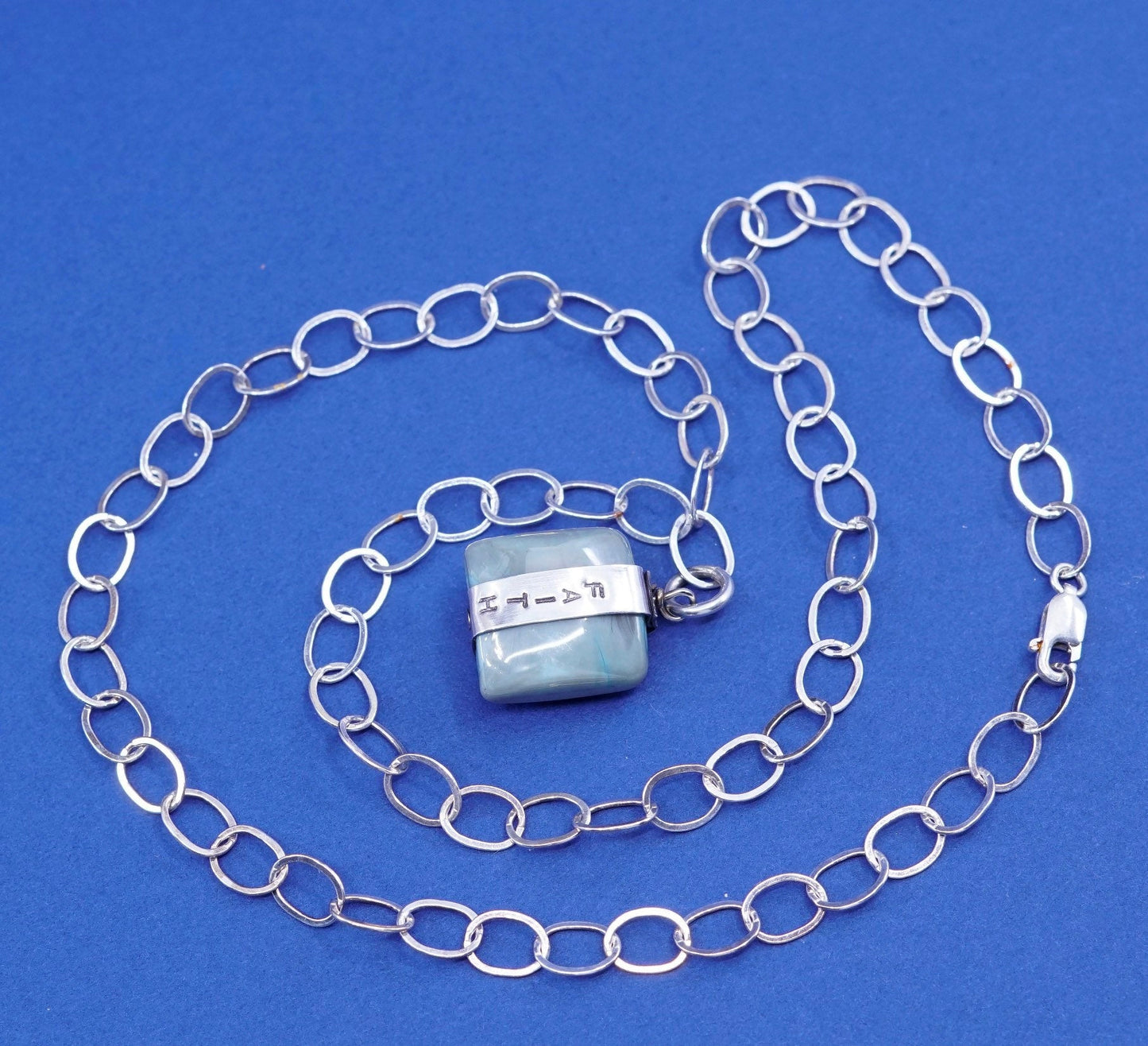 18”, Sterling silver handmade necklace, 925 circle chain w/ jade “faith”