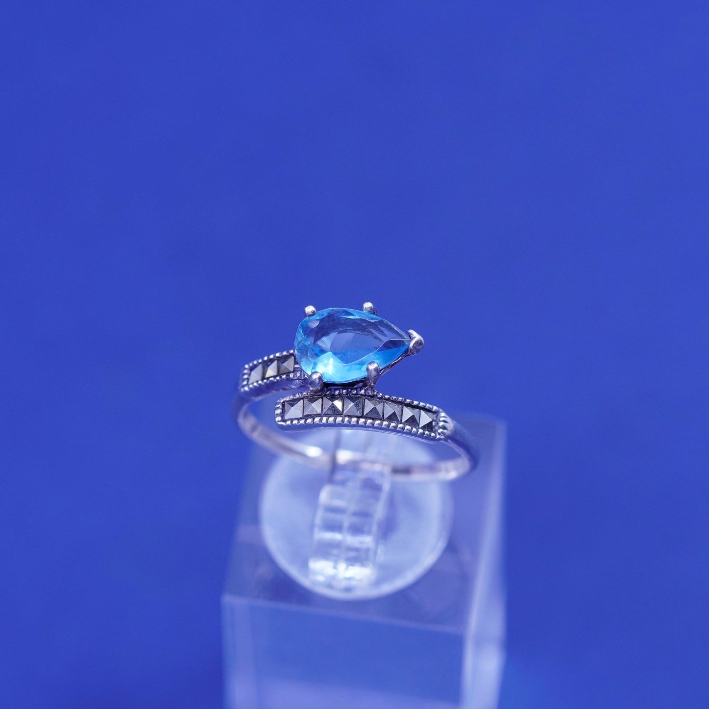 Size 7.75, Sterling silver handmade ring, 925 band teardrop topaz marcasite