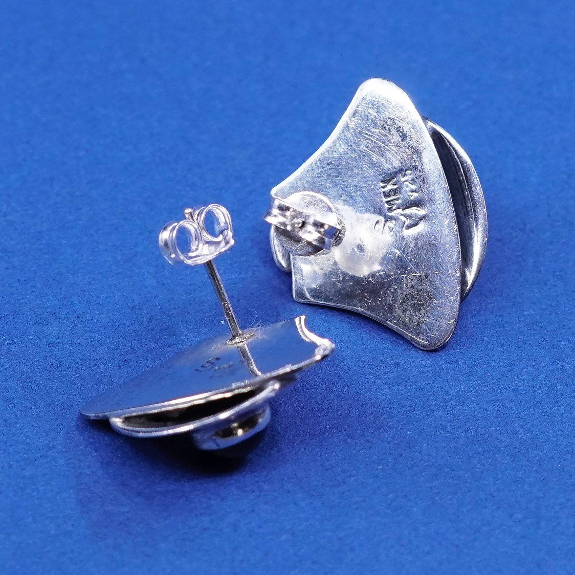 modern SM sterling silver handmade earrings, mexico 925 studs w/ obsidian