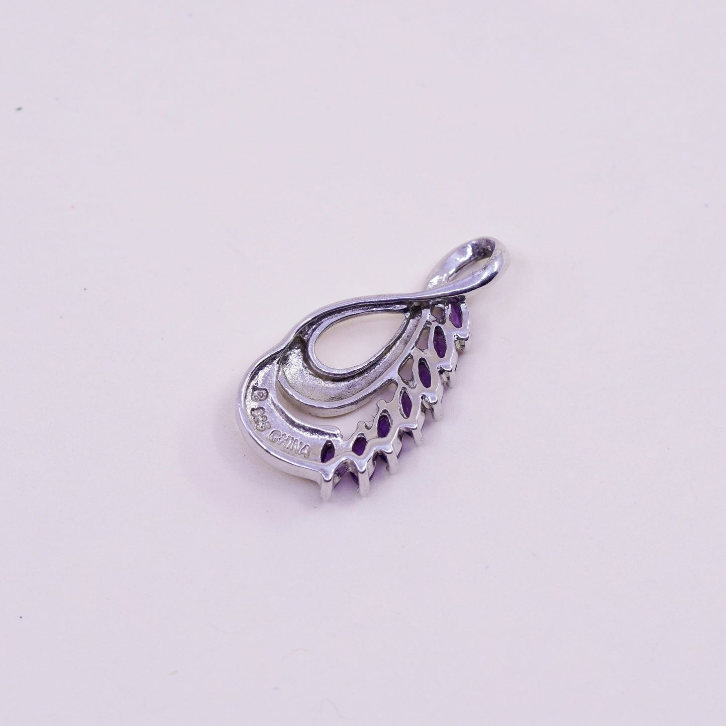 vintage sterling 925 silver teardrop pendant with amethyst and diamond