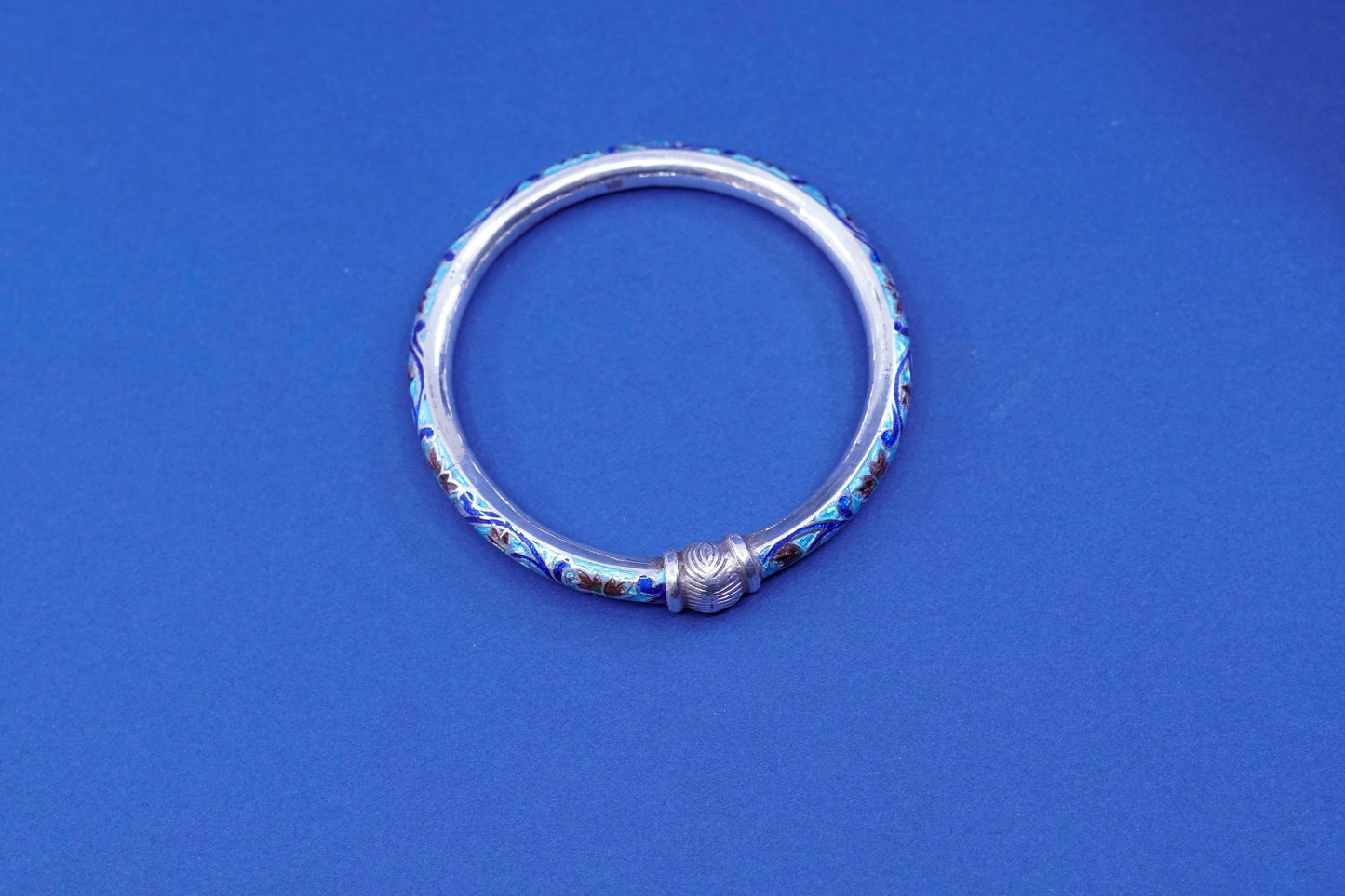 7.25”, Chinese Sterling silver handmade bracelet, 925 bangle blue floral enamel