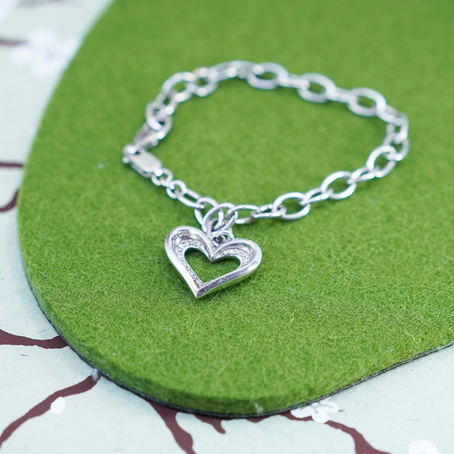 7”, sterling silver bracelet bold 925 circle chain heart charm cluster diamonds