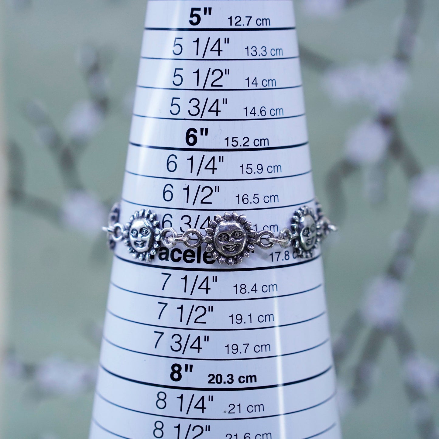 6.75”, vintage Sterling Silver Handmade Bracelet, 925 sunflower face chain
