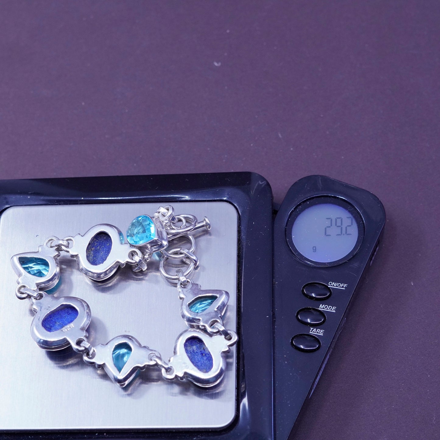 7+1”, Sterling 925 silver handmade bracelet with lapis lazuli N teardrop topaz