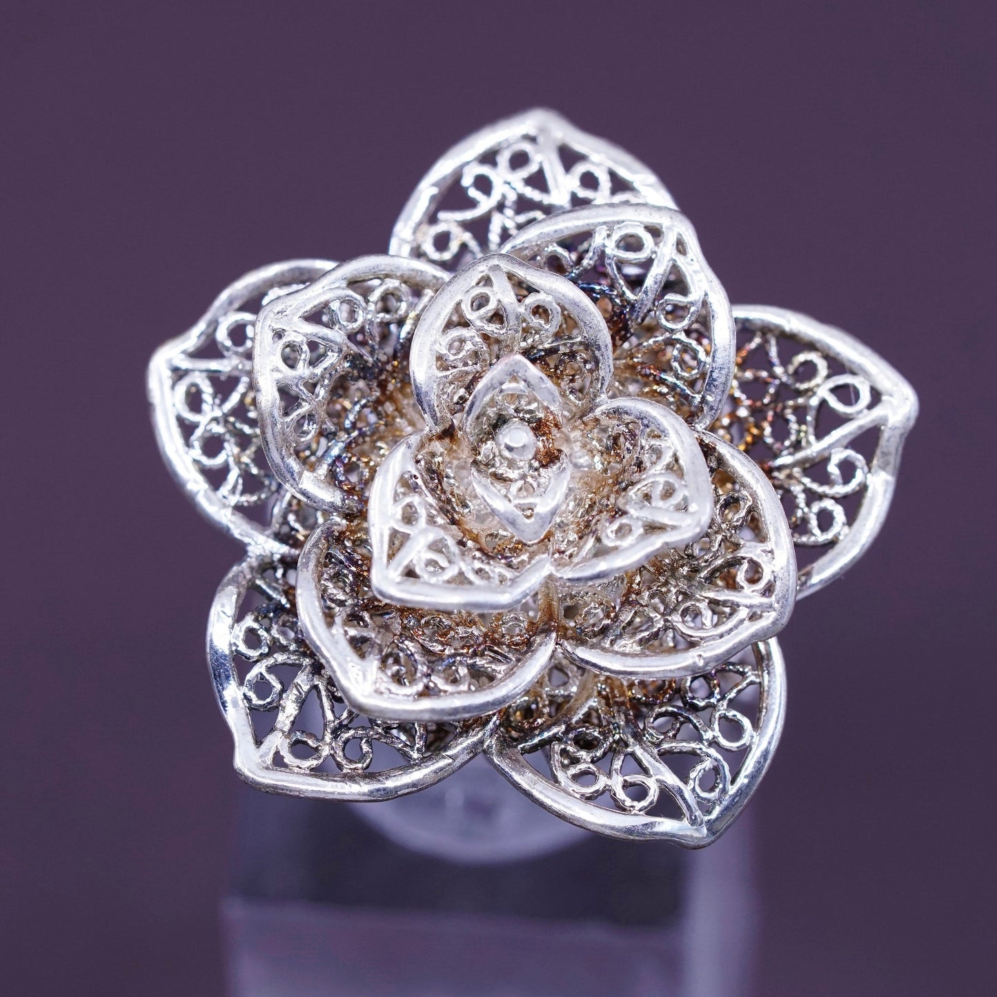 sz adjustable, vtg Sterling silver handmade cocktail ring, 925 filigree flower