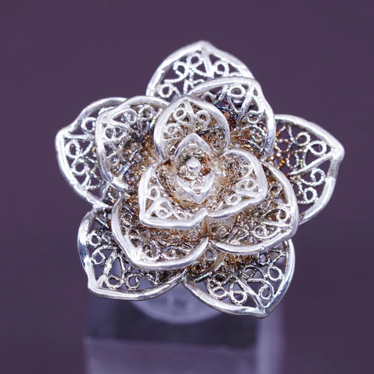 sz adjustable, vtg Sterling silver handmade cocktail ring, 925 filigree flower