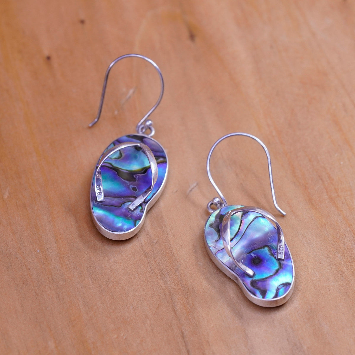 Vintage Sterling 925 silver handmade sandal flip flop earrings with abalone