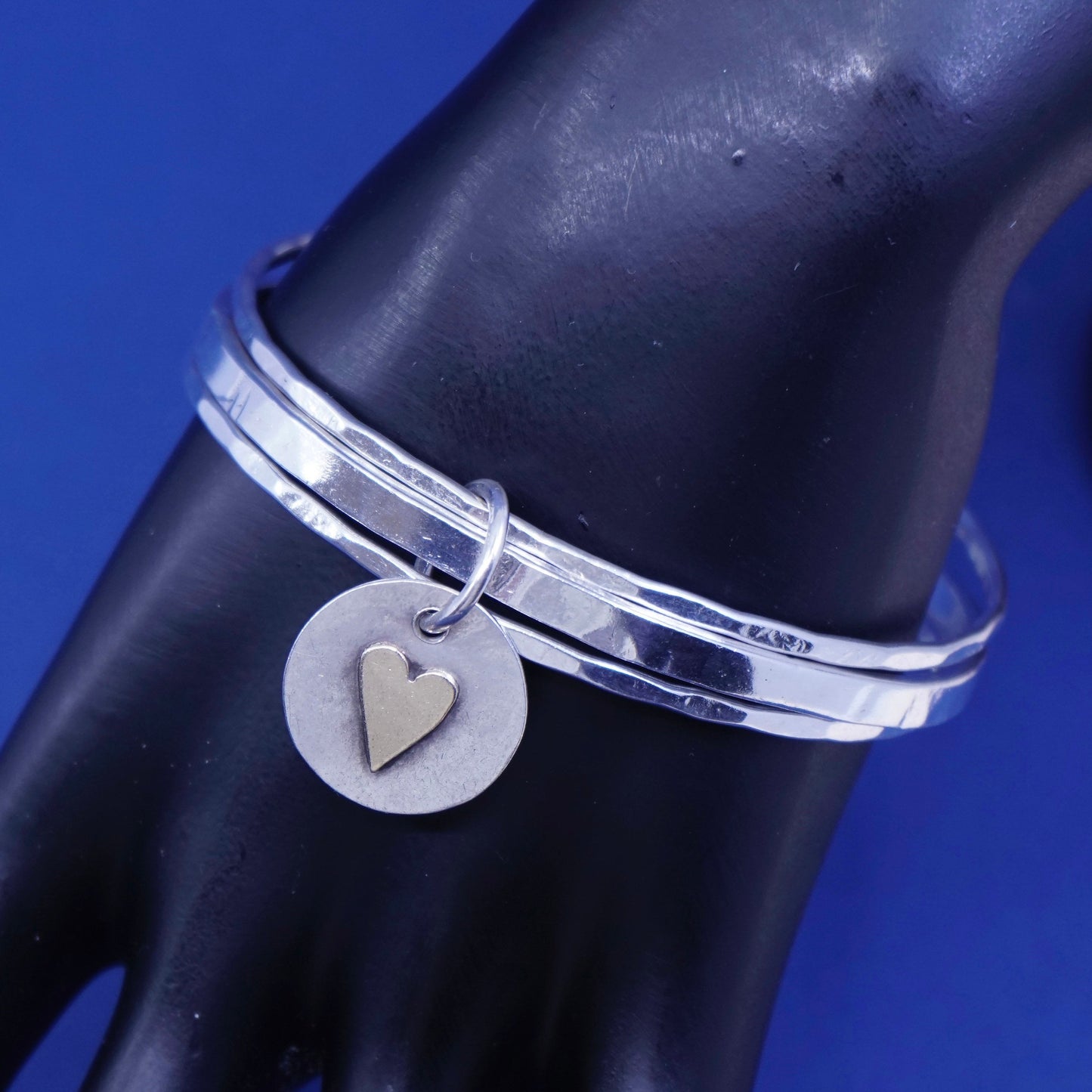 7.5”, CLP two tone sterling silver handmade bracelet, 925 bangle w/ heart charm