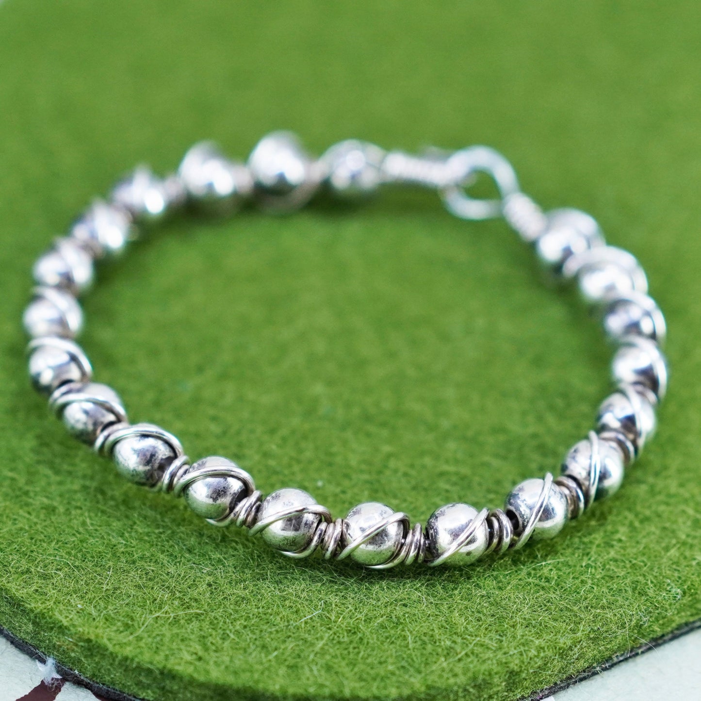 6.5”, vintage sterling silver contemporary handmade bracelet, 925 bangle beads