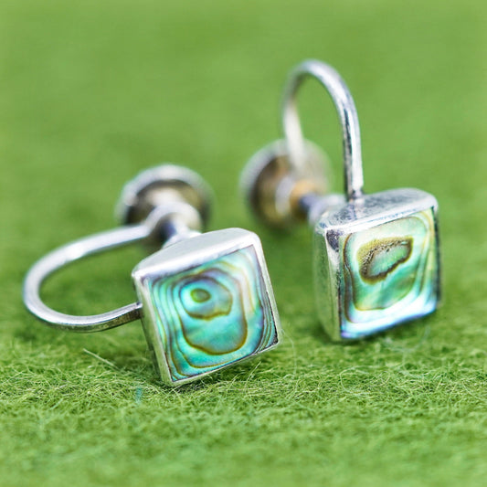 Vintage sterling 925 silver handmade screw back square earrings with abalone