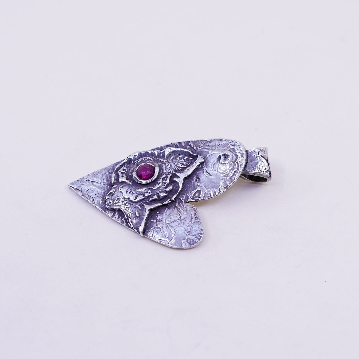 Vintage sterling silver 925 cross handmade textured heart pendant with ruby