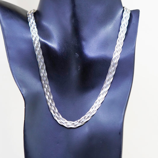 18”, 9mm, Vintage sterling silver necklace, 925 woven braided herringbone chain