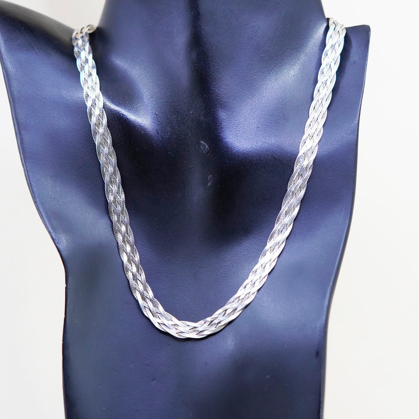 18”, 9mm, Vintage sterling silver necklace, 925 woven braided herringbone chain