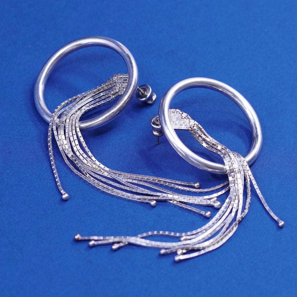 vtg Native American SH sterling silver earrings, 925 circle w/ fringe dangles