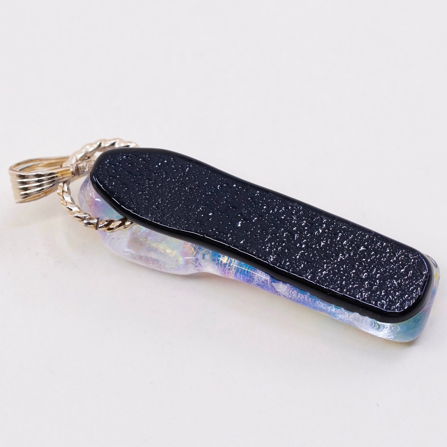 Vintage 1/20 14K yellow gold with handmade rectangular dichroic glass pendant