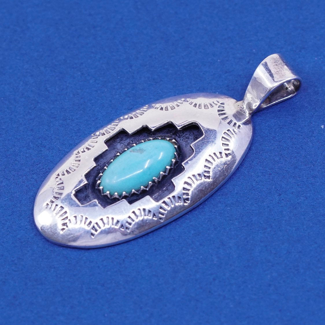 Native American Navajo Sterling silver handmade pendant, 925 w/ oval turquoise