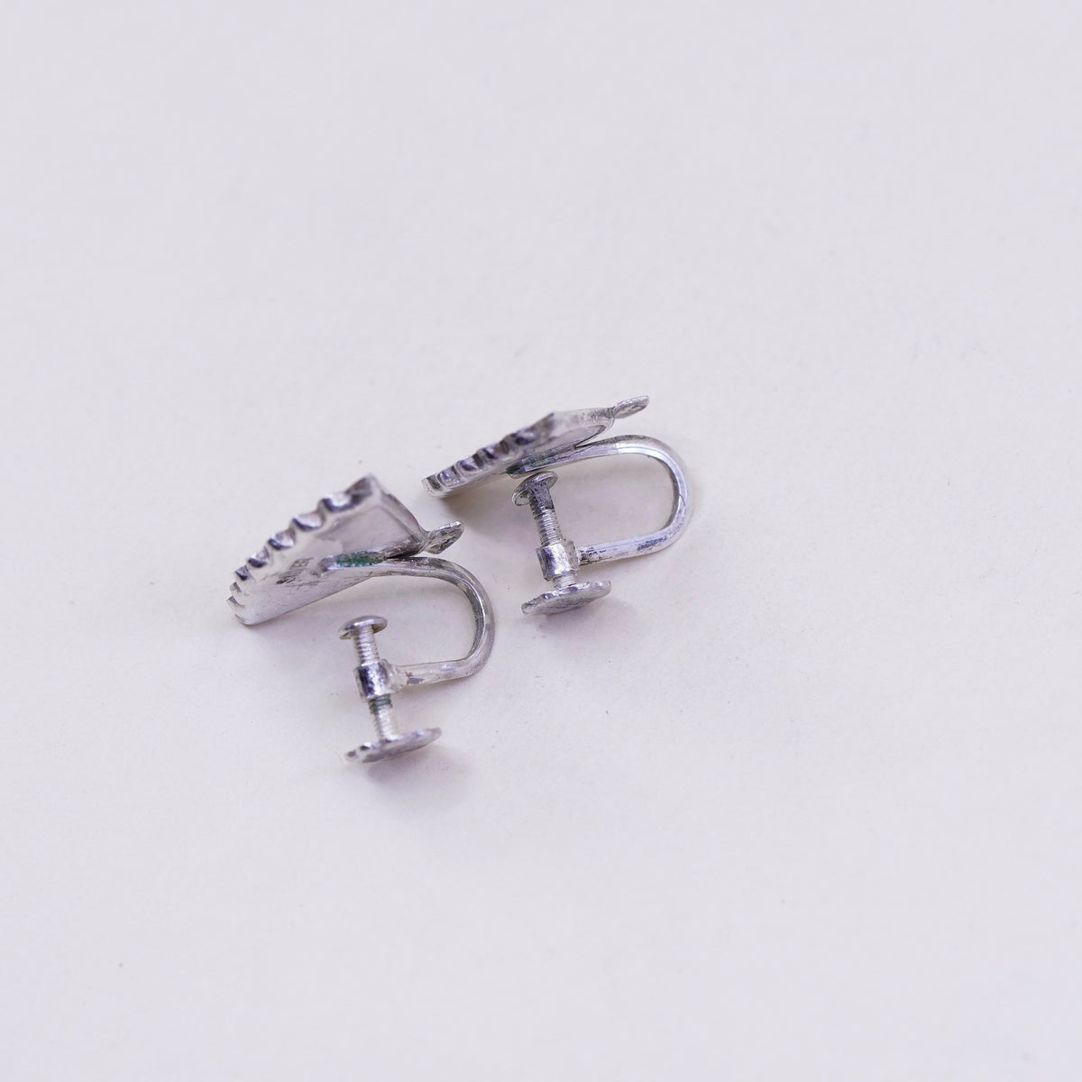 vintage two tone Sterling silver earrings 925 screw back Japanese fan landscape