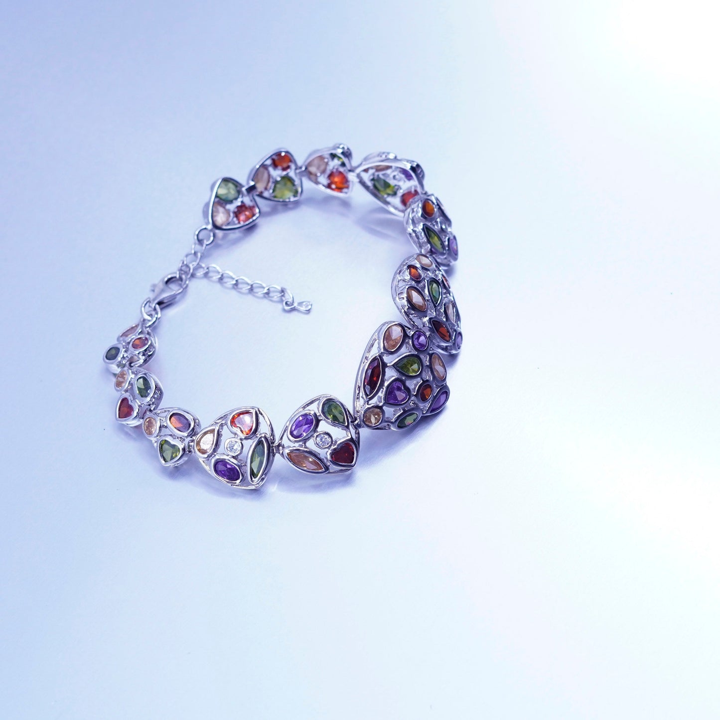 7.5+1”, Sterling 925 silver handmade bracelet chain peridot ruby amethyst cz
