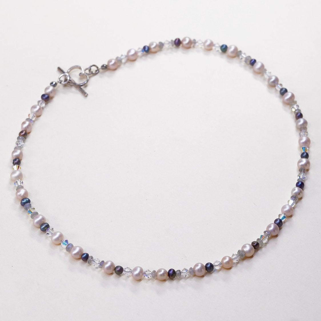 16", handmade sterling 925 silver toggle w/ genuine pearl n crystal necklace