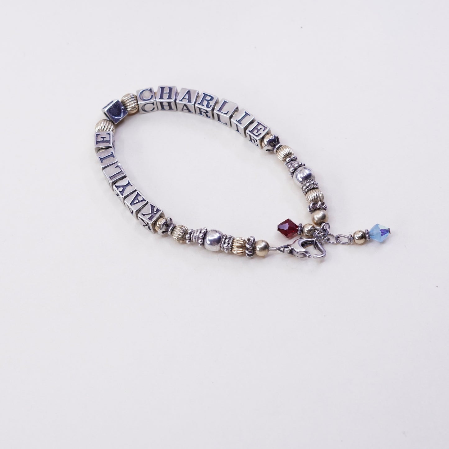 6.75”, 14K gold beads with Sterling 925 Silver bracelet “Kaylie heart Charlie”