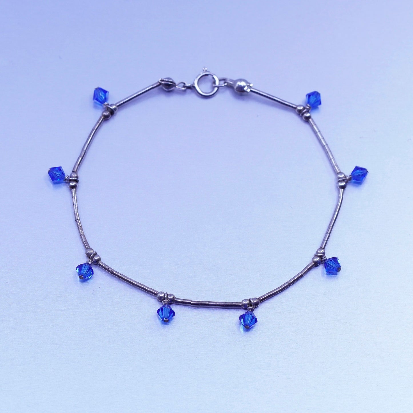 7”, Sterling 925 silver handmade bracelet, liquid chain w/ blue crystal charms