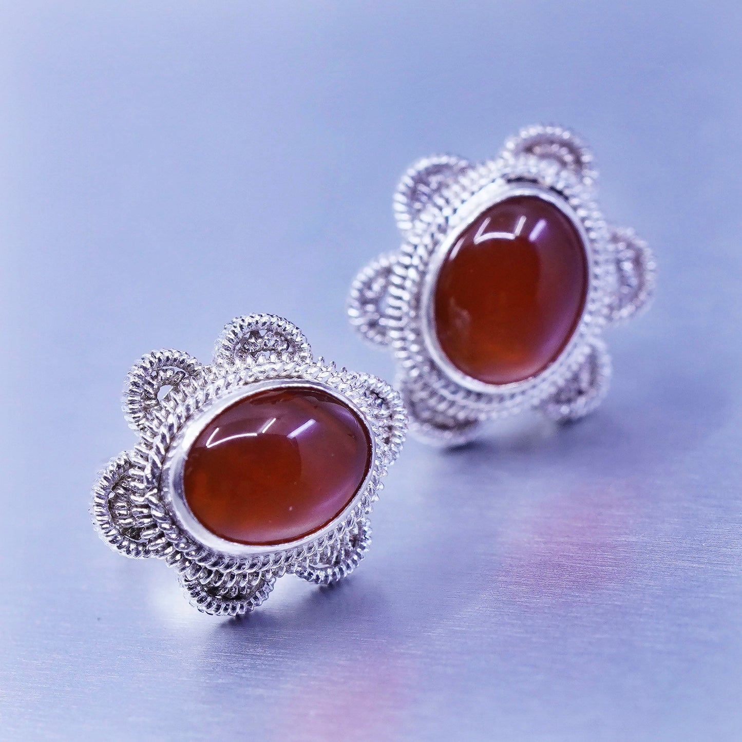 Vintage Sterling 925 silver handmade earrings, floral studs with carnelian